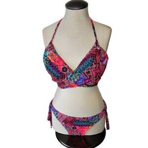La Vie en Rose Aqua Coral, Purple, Blue Print Bikini Size Large